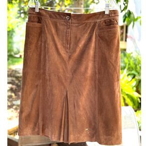 Faconnable Milk Chocolate Brown100% Suede Leather A Line Knee Length Skirt Sz 14